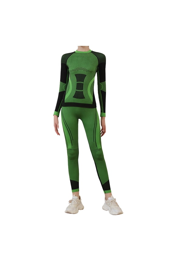 Thermal Sets For Women Beige Sports Set Female Autumn And Winter Fitness Cycling Ski Wear High Elastic Breathable Quick Drying Yoga Wear Color Matching Clothing,Green