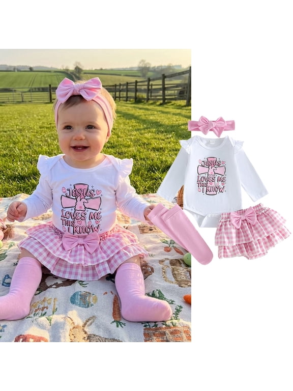 Toddler Girl Clothes Outfits Baby Girls Easter 4 Piece Coordinated Holiday Outfit, Plaid Tiered Long Sleeve Romper Dress, Headband Socks Back To School