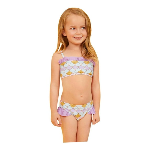 ibiyuan Toddler Girl Swimsuit ,2 Piece Adjustable Straps Girls Bathing Suit size 6 Cute Ruffle Tankini with Chest Pad Contrast Trim Cut Out Swimwear,6-7 Years