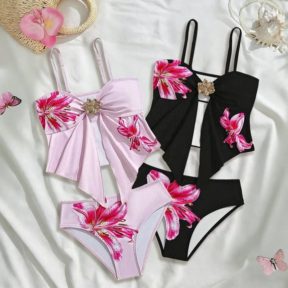 ibiyuan Toddler Girl Swimsuit 2 Piece Cover Up Slit Skirt Girls Bathing Suit cover Up Stretch Colorful Contrast Tankini Set Cute Ruffle Cutout Bikini Top Girls Swimwear