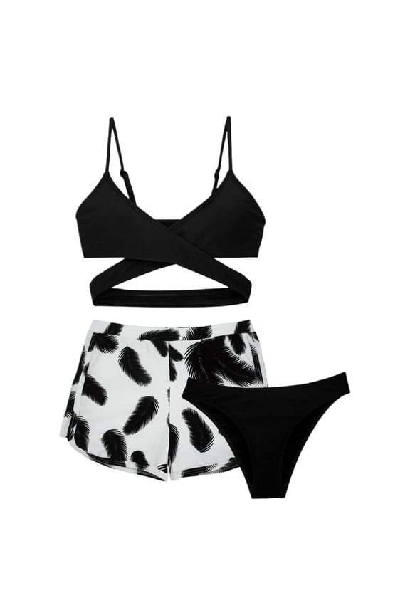 Toddler Swimsuit Girl Frozen ,3 Piece Bathing Suit Girls Adjustable Straps Tankini Ruched Side Girls' Bikini Sets Swim Shorts Tropical Printed Swimwear for Teens,10-11