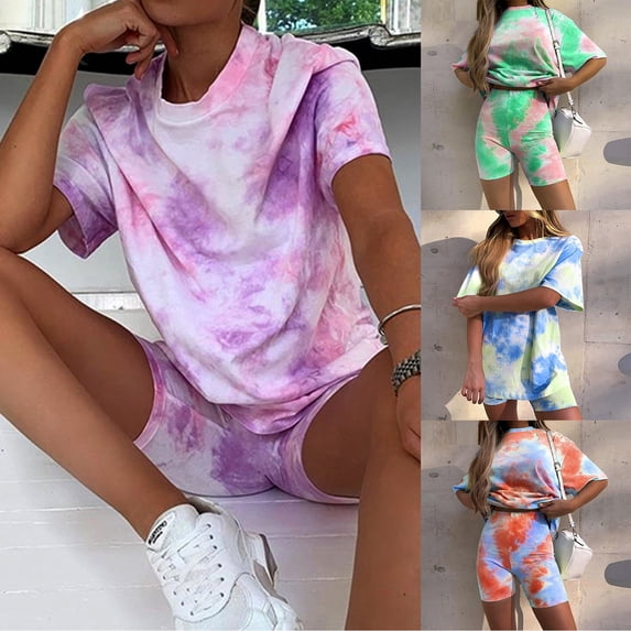 ibiyuan Travel Outfits For Women 2 Piece Sets Women's Fashion Gradient Tie Dye Print Loose Streetwear Tshirt and Tight Shorts Two Piece Casual Summer Outfit Set