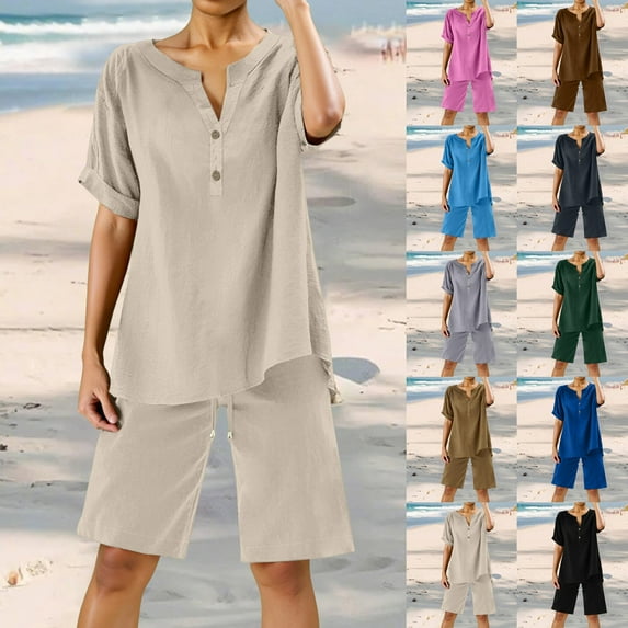 ibiyuan Two Piece Sets For Women Summer Women's Fashion Two Piece Set Casual Streetwear Outfit V Neck Blouse with Wide Leg Trousers and Pockets