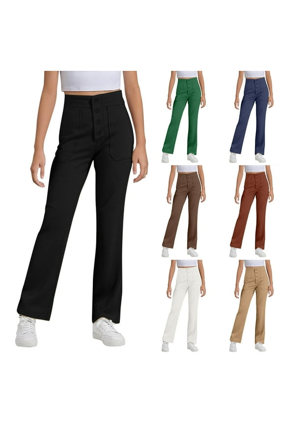 Uniform Pants for Boys Girls Leggings Kids Flare Leggings Fold Over Waistband Casual Bell Bottom Pants for Teens,White