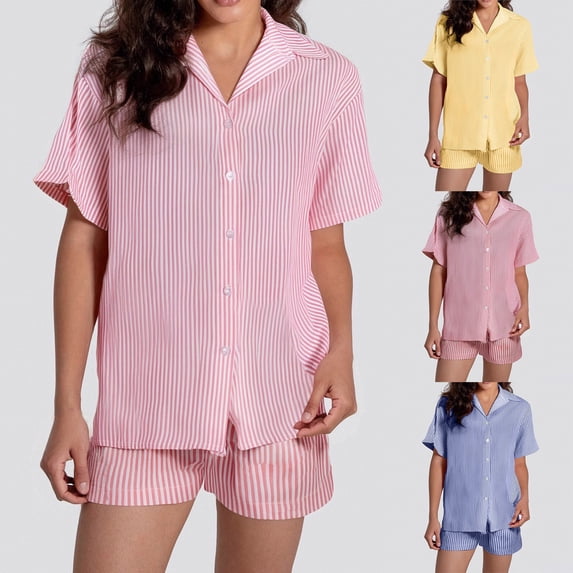 ibiyuan Women 2 Piece Outfits Sets Stylish Women's Shorts Suit Set for Summer Casual Wear with Striped Short Sleeve Shirt and Matching Bottoms