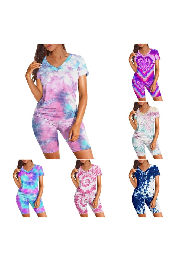 Women 2 Piece Outfits Sets Women's Gradient Print Two Piece Outfit V Neck Short Sleeve Top and Matching Shorts Casual Summer Set