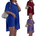 thumbnail image 1 of ibiyuan Women Jogging Suits 2 Piece Set Women's Fashion Short Sleeve Suit Set Solid Color Mid Length Slit Shorts Outfit Casual Summer Two Piece Coordinated Ensemble, 1 of 4