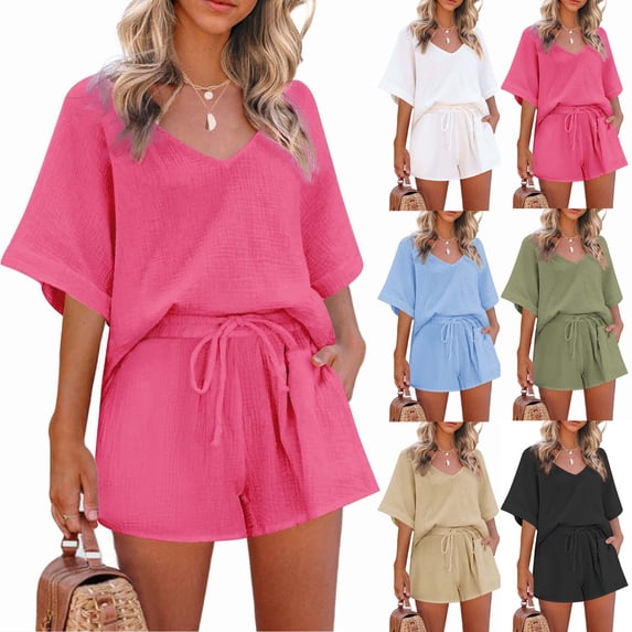 ibiyuan Women Summer Cotton Linen Short Sets 2 Piece Shorts Top Lounge Beach Vacation Two Piece Outfits Tracksuits