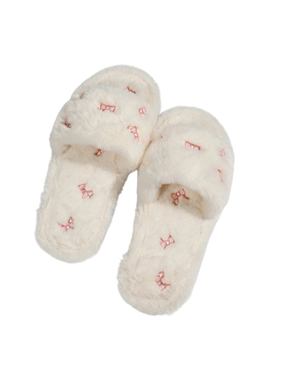 Women's Fuzzy Slippers Open Toe House Shoes Tiny Bow Embroidery Warm Cozy Indoor Footwear Soft Comfortable Winter Bedroom Slides Casual Home Shoes