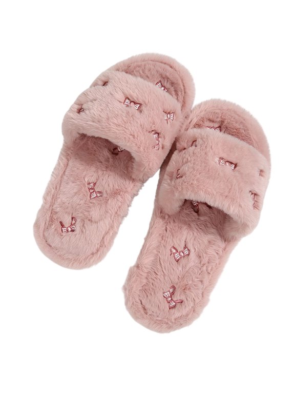 Women's Fuzzy Slippers Open Toe House Shoes Tiny Bow Embroidery Warm Cozy Indoor Footwear Soft Comfortable Winter Bedroom Slides Casual Home Shoes