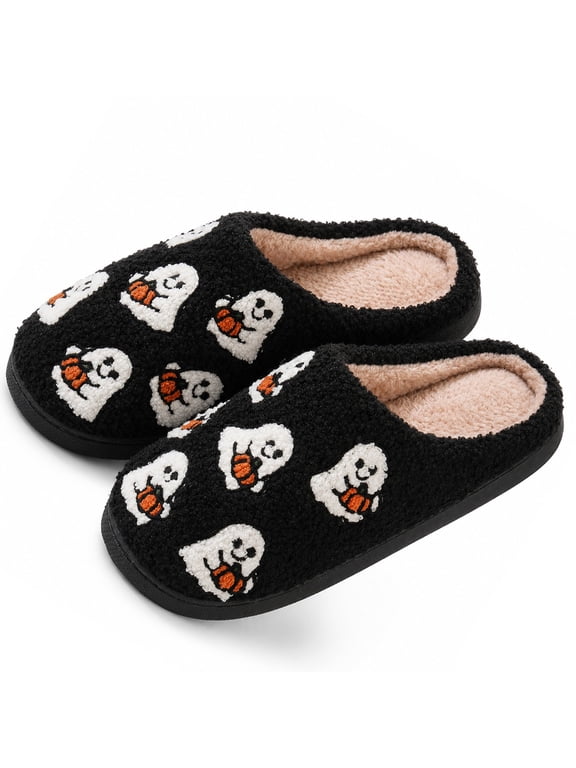Women's Halloween Slippers Gothic Embroidered House Shoes Cozy Indoor Footwear Warm Soft Comfortable Couples Bedroom Slippers Dark Style Home Shoes