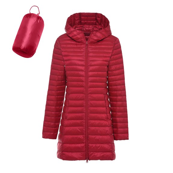 ibiyuan Women's Lightweight Down Jacket, Windproof Hooded Coat, Slim Fit Long Puffer Outerwear with Recycled Insulation