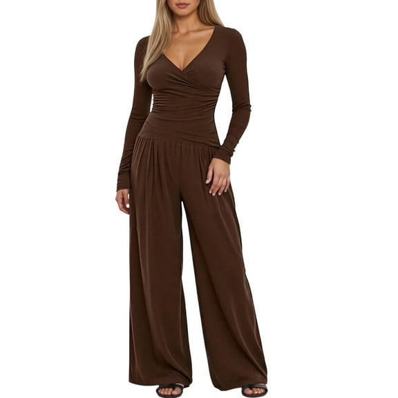 ibiyuan Women's Lounge Sets 2 Piece Fall Outfits Warp V Neck Short/Long Sleeve Shirts and Wide Leg Pants Casual Matching Sets