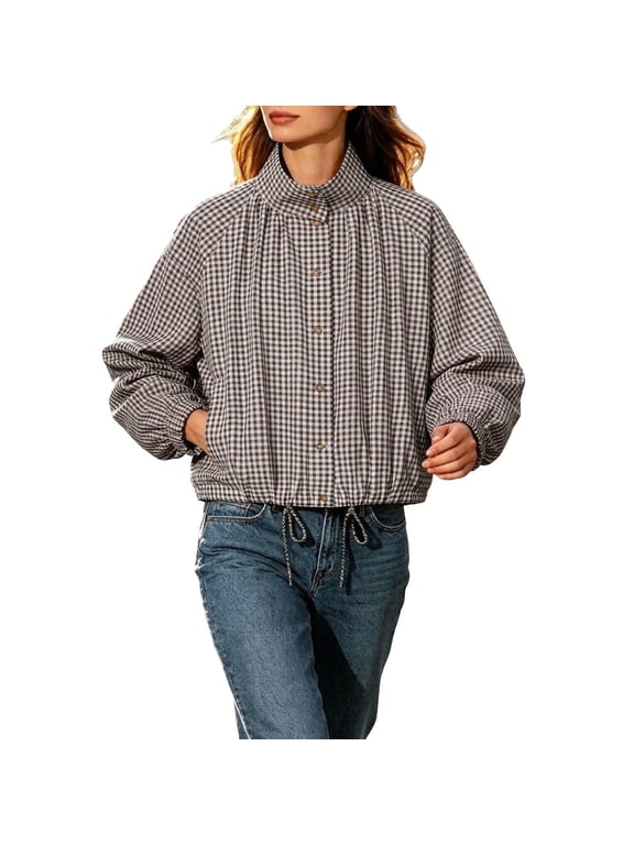 Women's Plaid Jacket, 2026 Fashion Checkered Coat with Long Sleeves, Loose Fit Casual Button Front Outerwear