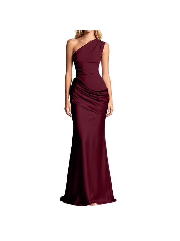 Women's Satin Midi Dress, Asymmetric Shoulder Ruched Design, Slim Fit Elegant Sleeveless Fashion Dress