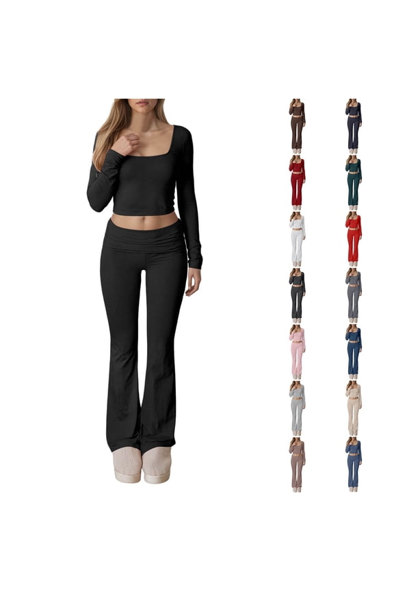 Women's Yoga Pants 2 Piece Lounge Sets Fold-over Flare Pants Set Long Sleeve Cropped Top Casual Outfits Pajamas
