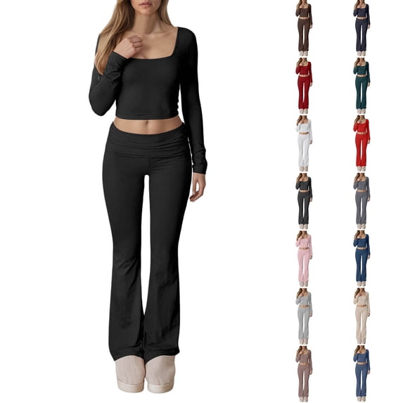ibiyuan Women's Yoga Pants 2 Piece Lounge Sets Fold-over Flare Pants Set Long Sleeve Cropped Top Casual Outfits Pajamas