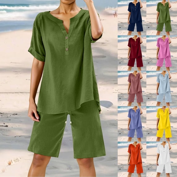 ibiyuan Womens 2 Piece Sets Women's Casual Two Piece Set Loose V Neck Blouse with Pockets and Elastic Waist Wide Leg Trousers Streetwear Outfit