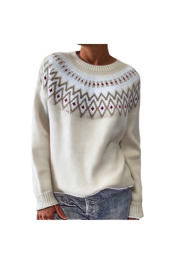 Womens Fair Isle Sweater Argyle Iceland Norway Sweaters Colorful Long Sleeve Crew Neck Loose Pullover Jumper Tops,Beige