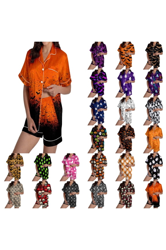 Womens Halloween Pajamas Set 2 Piece Cartoon Ghost Pumpkin Button Down Print Pjs Set Ruffle Notch Collar Summer Sleepwear Shorts Sets Soft Sets Loungewear