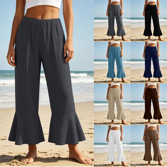 ibiyuan Womens Petite Pants Wide Leg Elastic Waist Palazzo Pants for Women Dressy Stretchy Work Trousers for Women Drawstring Lounge Pants for Women Summer 2026 Flowy Clothes