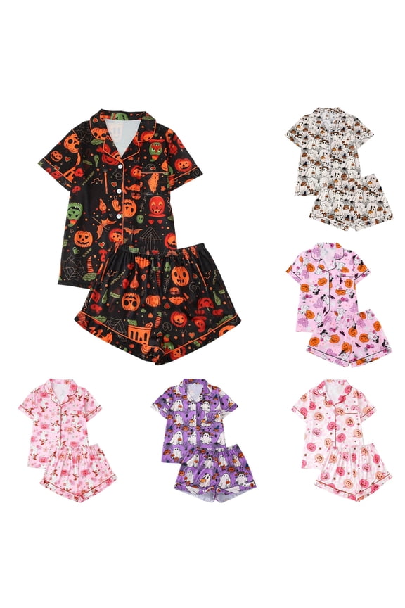 Womens Satin Pajama Set 2 Pcs Ghost Pumpkin Print Silk Pjs Shorts Set Button Down Notch Collar Gothic Sleepwear with Pockets Soft Lounge Sets
