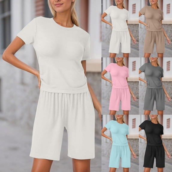 ibiyuan Womens Sets 2 Piece Outfits Women's Casual Summer Shorts Set Two Piece Outfit with Comfortable Short Sleeve Crewneck Tee and Adjustable Drawstring Bottoms