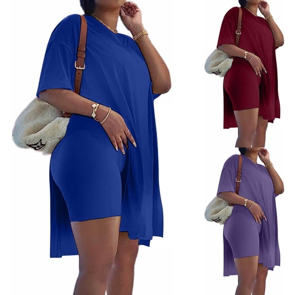 ibiyuan Womens Sweat Suits 2 Piece Set Women's Fashion Short Sleeve Suit Set Solid Color Mid Length Slit Shorts Outfit Casual Summer Two Piece Coordinated Ensemble