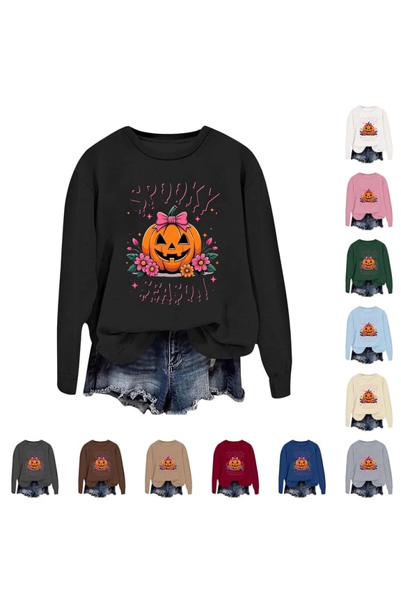Womens Sweatshirt Halloween Crewneck Classic-Fit Halloween Oversized Shirts for Women Pumpkin Season Ghost Pumpkin Sweater Blouses Pullover Top Halloweens Outfits
