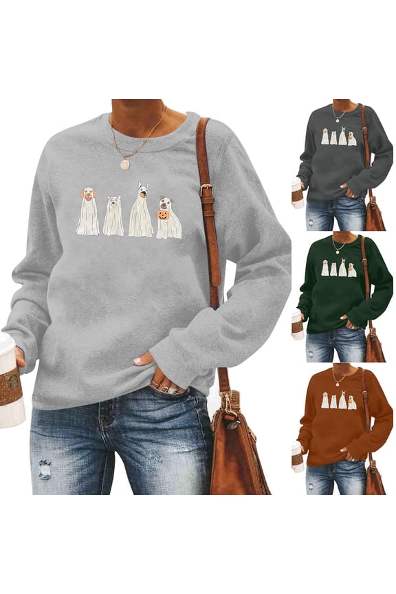 Womens Sweatshirt Halloween Crewneck Quality Shirts for Women Plus Size Spooky Season Flower Ghost Spooky Sweater Blouses Pullover Top Halloweens Clothes