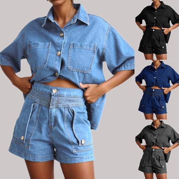 ibiyuan Womens Track Suits 2 Piece Set Women's Casual Short Sleeve Button Down Shirt and Shorts Two Piece Set Comfortable Pure Color Outfit for Spring Summer Daily Wear