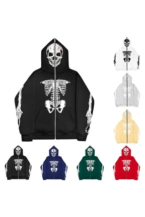 Zip Up Hoodie Men Punk Skull Skeleton Print Unisex Hooded Pullover Drawstring Long Sleeve Kangaroo Pocket Y2K Grunge Streetwear -Hop Jacket