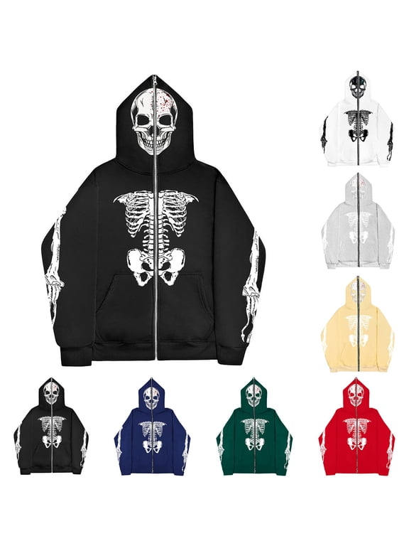 Zip Up Hoodie Men Punk Skull Skeleton Print Unisex Hooded Pullover Drawstring Long Sleeve Kangaroo Pocket Y2K Grunge Streetwear -Hop Jacket