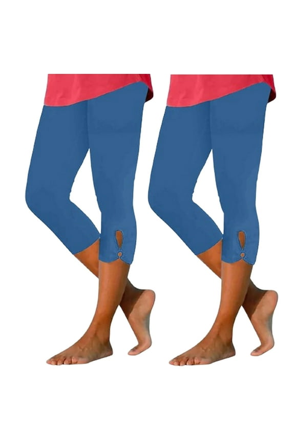2 Pack Capri Bottom Pants for Women Summer High Waisted Solid Color Capris Matching Slim Fitting Yoga Gym Pants Blue,S