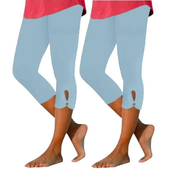ibuvkizy 2 Pack Capri Bottom Pants for Women Summer High Waisted Solid Color Capris Matching Slim Fitting Yoga Gym Pants Light Blue,XXXL