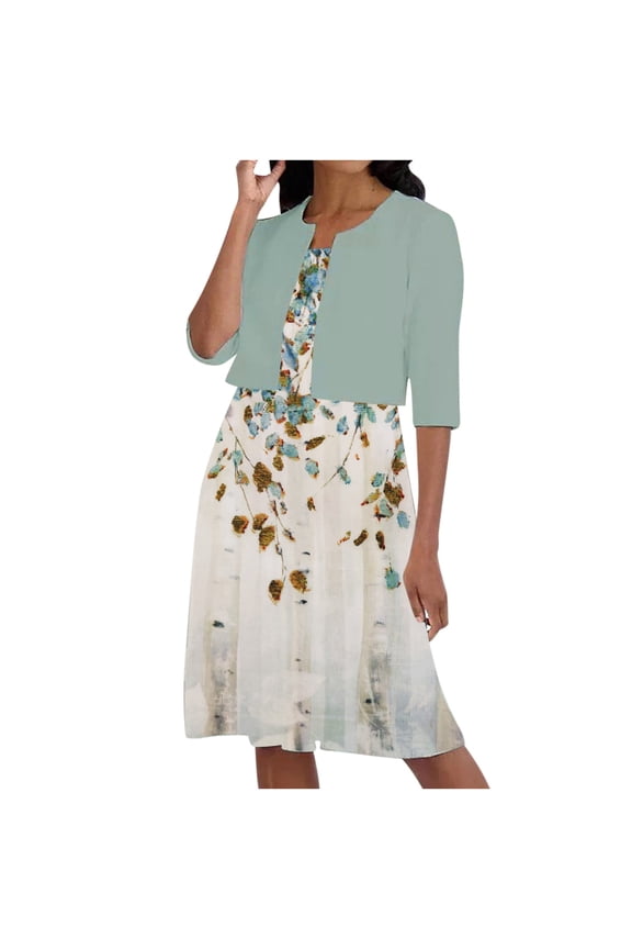 2 Piece Sets for Women Fall Winter Outfits,Two-Piece Women's Summer Printed Round Neck Elegant A Line Sling Dress and Half Sleeve Cardigan Tops Set Suit