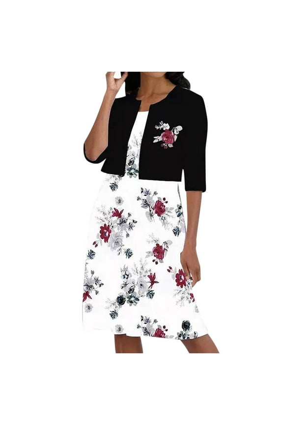 2 Piece Sets for Women Fall Winter Outfits,Two-Piece Women's Summer Printed Round Neck Elegant A Line Sling Dress and Half Sleeve Cardigan Tops Set Suit