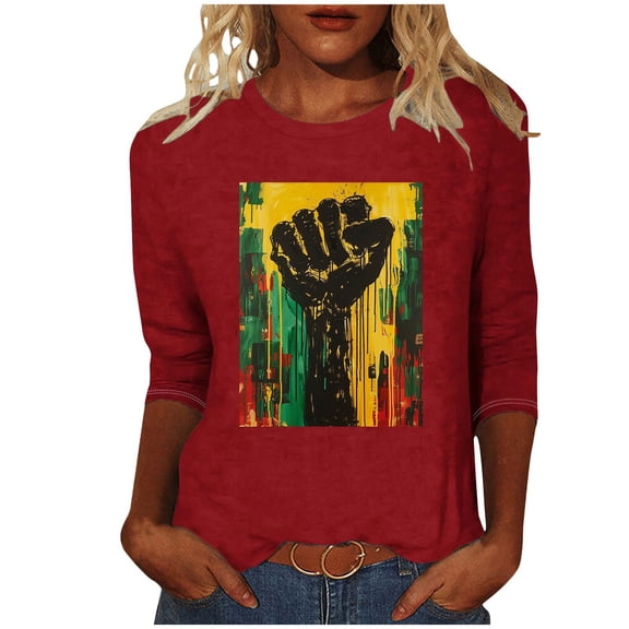 ibuvkizy Womens Black History Month 3/4 Sleeve T-shirts Ladies' Black Month Fashion Printed Round Neck 3/4 Sleeve T-shirt Loose Top,Red,L