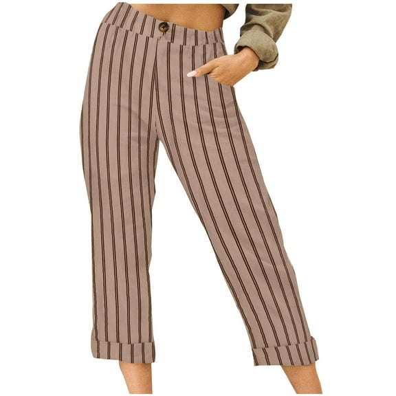 ibuvkizy 2025 Cotton Linen Capris Pants for Women Casual Stripe Elastic Drawstring Wide Leg Capris Pants with Pockets Summer Pants for Women
