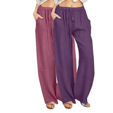 ibuvkizy 2PC Linen Pants Women Wide Leg Pants Clearance! Women's Casual Trousers Solid Drawstring Waist Long Pants with Pocket Hot Pink,S