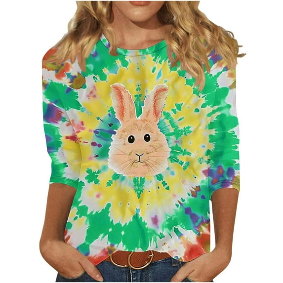 ibuvkizy 3/4 Length Sleeve Womens Easter Tops,Long Sleeve Shirts for Women's New Easter Round Neck Pullover 3/4 Sleeve Casual Printed Top Yellow,XXL