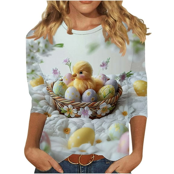 ibuvkizy 3/4 Length Sleeve Womens Easter Tops,Long Sleeve Shirts for Women's New Easter Round Neck Pullover 3/4 Sleeve Casual Printed Top,M