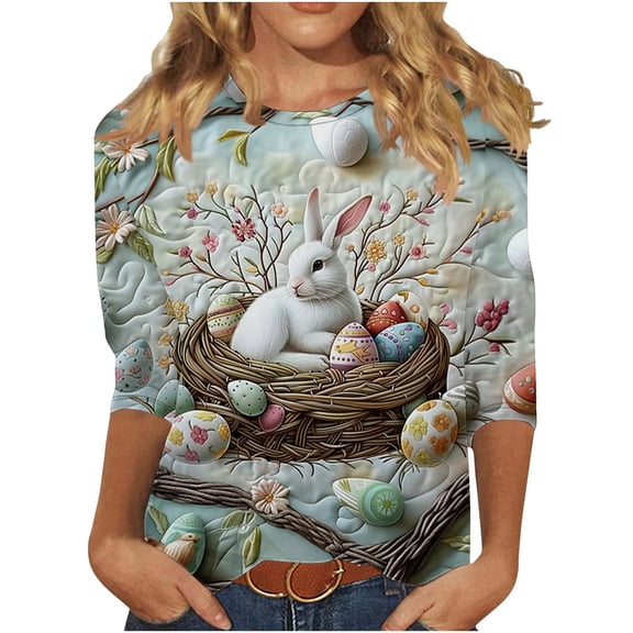 ibuvkizy 3/4 Length Sleeve Womens Easter Tops,Long Sleeve Shirts for Women's New Easter Round Neck Pullover 3/4 Sleeve Casual Printed Top,S