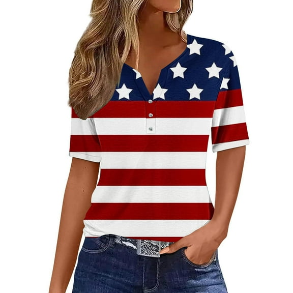 ibuvkizy 4th of July Shirts Women!Independence Day Shirts for Women Fashion V Neck Short Sleeve American Flag T-Shirt Tops,July 4th Fashion Blue S