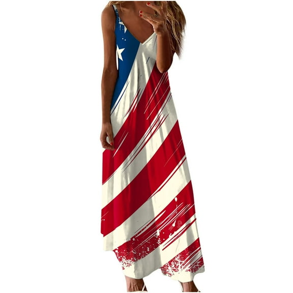 ibuvkizy 4th of July Plus Size Dress Fashion Independence Day Print Casual V Neck Sleeveless Maxi Long Dress Red XXL
