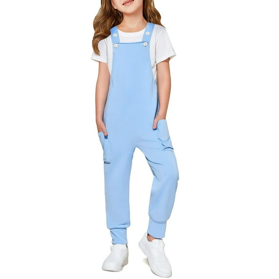 ibuvkizy Baby Girl Clothes Summer Romper Kids Jumpsuit Outfits,Girls Solid Color Children's Casual Sleeveless Jumpsuit Pants with Pockets for Ages 4-14,Blue