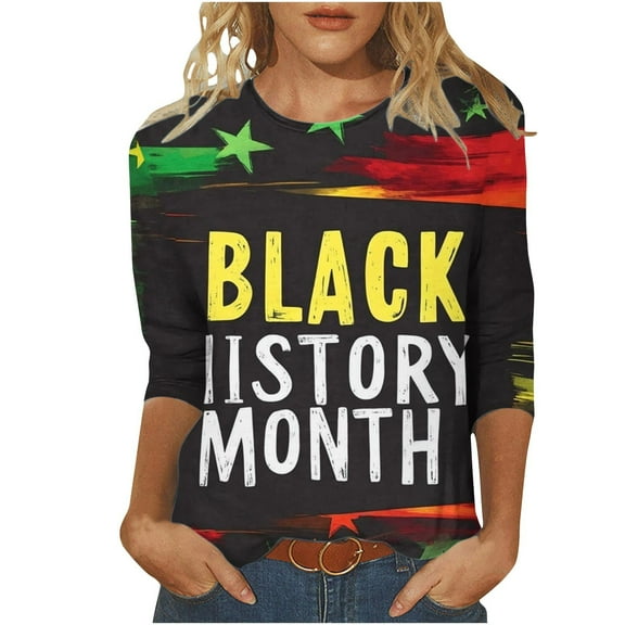 ibuvkizy Black History Month Shirts for Women 3/4 Length Sleeve Tops,Fashion Woman Casual Round Neck Printing Blouse 3/4 Sleeve T-Shirt Summer Tops,Black,L