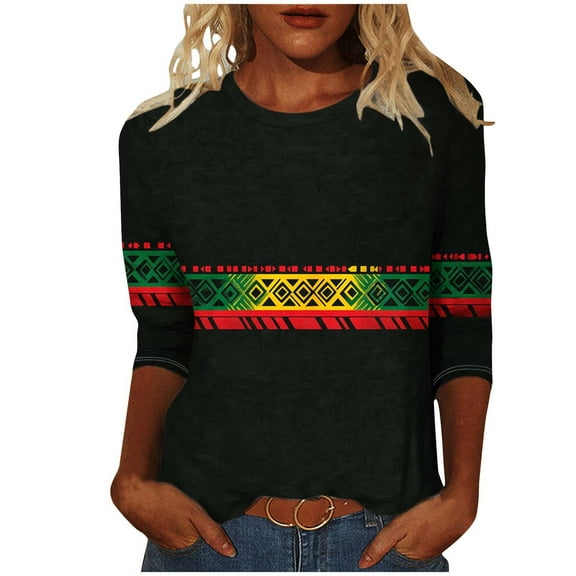 ibuvkizy Black History Month Shirts for Women 3/4 Length Sleeve Tops,Ladies' Black Month Fashion Printed Round Neck 3/4 Sleeve T-shirt Loose Top,XXXL