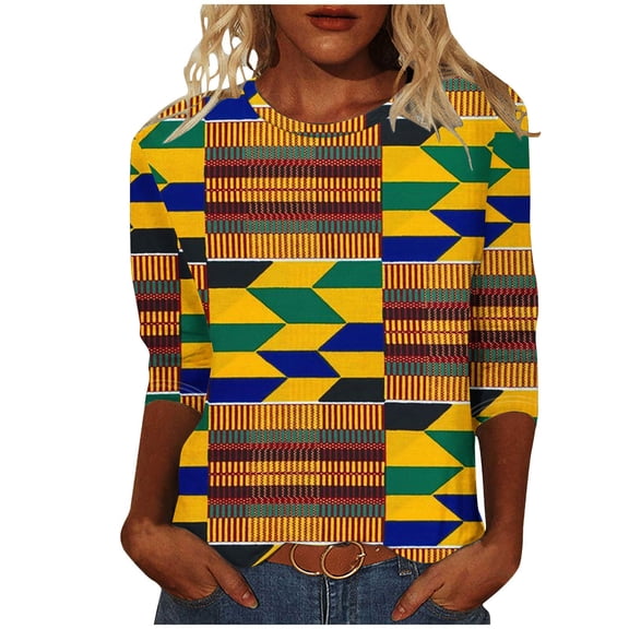ibuvkizy Black History Month Shirts for Women 3/4 Length Sleeve Tops,Women's Fashion Printed T-shirt 3/4 Sleeves Blouse Round Neck Casual Tops,Yellow,L