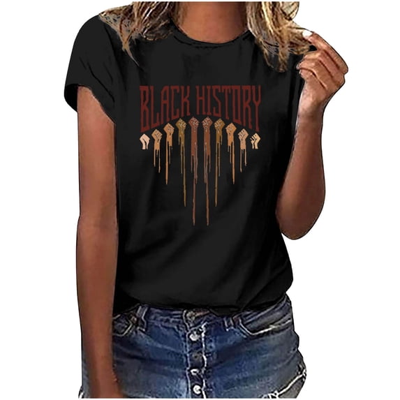 ibuvkizy Black History Month Shirts for Women Short Sleeve Tops,Women's Round Collar Print T-shirt Stylish and Comfortable Women's Blouse,Black,XXL